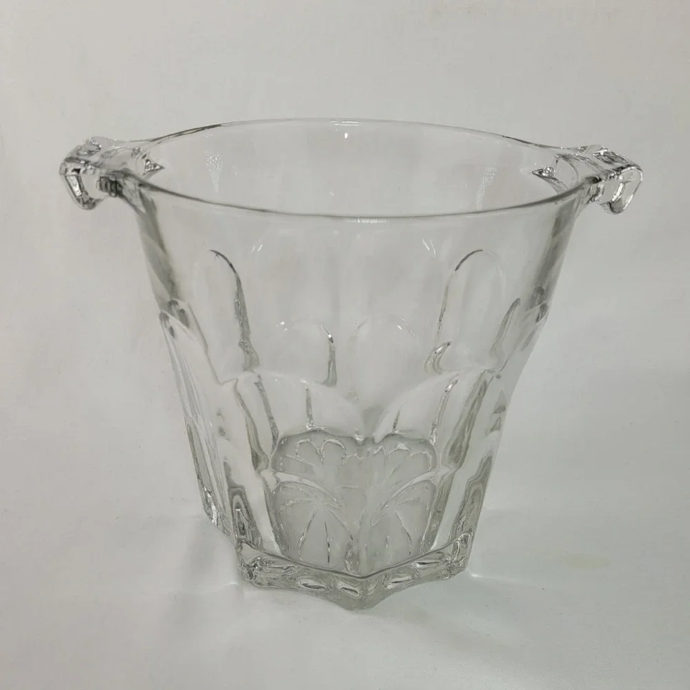 Vintage Clear Pressed Glass Ice Bucket Paneled Floral Starburst Base Barware